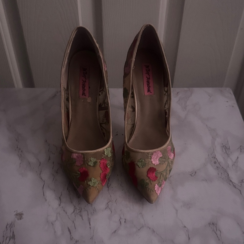 Betsey Johnson Floral Embroidered Heels - Pink and Green